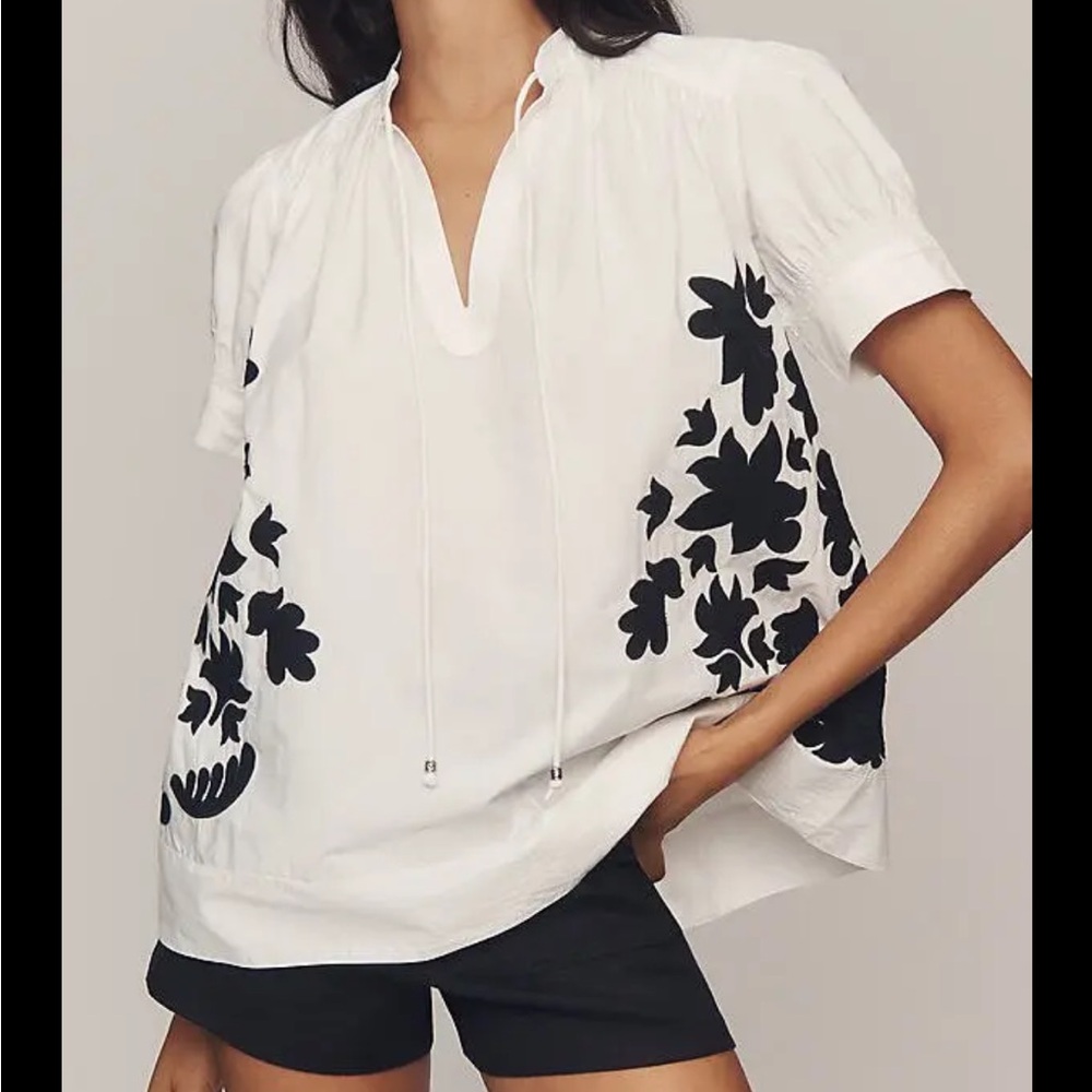 NEW$140 Anthropologie Embroidered Swing Blouse Small Petite